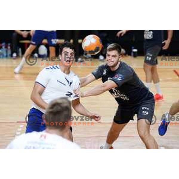 Peter Sisko and Zan Grojzdek in action during 1.NLB league handball match between MRK Ljubljana and Trimo Trebnje in Kodeljevo Hall, Ljubljana, Slovenia on November 14, 2020