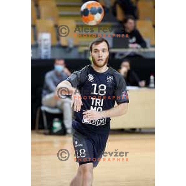 Marko Kotar in action during 1.NLB league handball match between MRK Ljubljana and Trimo Trebnje in Kodeljevo Hall, Ljubljana, Slovenia on November 14, 2020