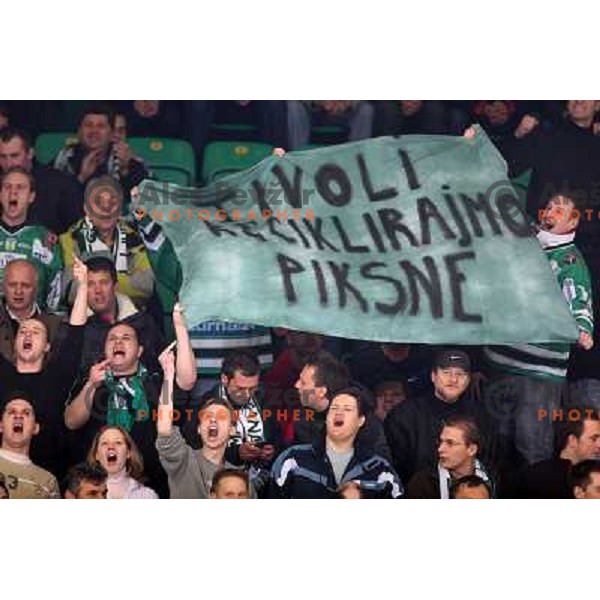 Message at sixth game of the Final of EBEL league between ZM Olimpija and Red Bulls Salzburg, played in Ljubljana 25.3.2008. Red Bulls Salzburg won the game 3:2 and series 4:2 and became Champions of EBEL league. Photo by Ales Fevzer 
