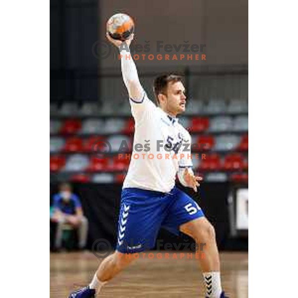Ziga Kolmanic in action during 1.NLB league handball match between MRK Ljubljana and Trimo Trebnje in Kodeljevo Hall, Ljubljana, Slovenia on November 14, 2020