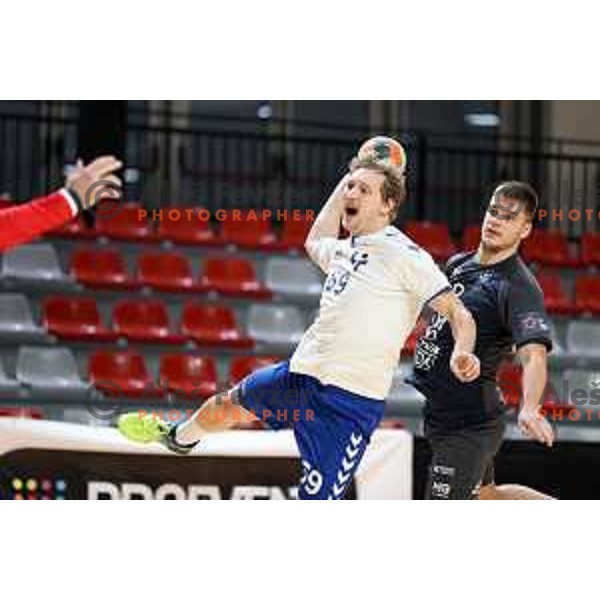 Miha Tomsic in action during 1.NLB league handball match between MRK Ljubljana and Trimo Trebnje in Kodeljevo Hall, Ljubljana, Slovenia on November 14, 2020