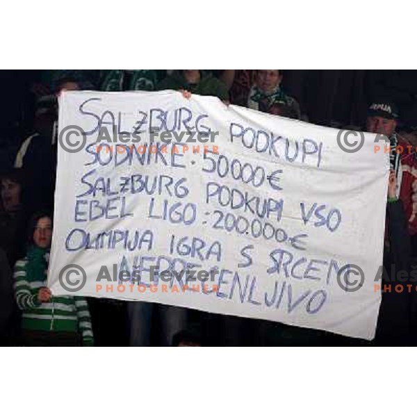 Slovenian version of message at sixth game of the Final of EBEL league between ZM Olimpija and Red Bulls Salzburg, played in Ljubljana 25.3.2008. Red Bulls Salzburg won the game 3:2 and series 4:2 and became Champions of EBEL league. Photo by Ales Fevzer 