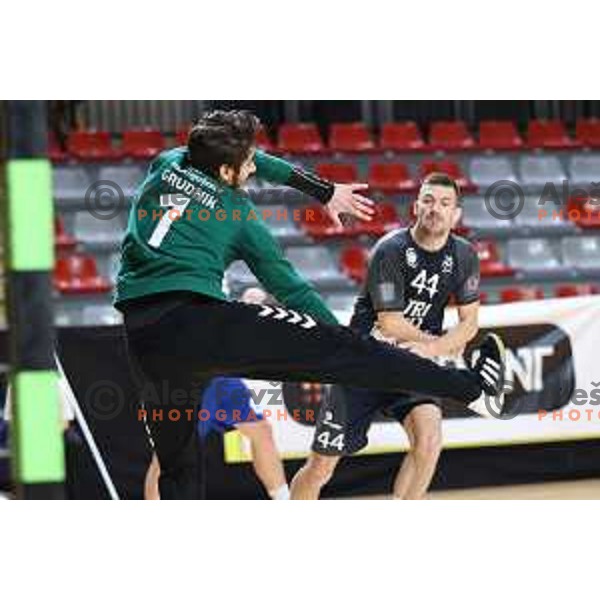Tilen Grudnik in action during 1.NLB league handball match between MRK Ljubljana and Trimo Trebnje in Kodeljevo Hall, Ljubljana, Slovenia on November 14, 2020