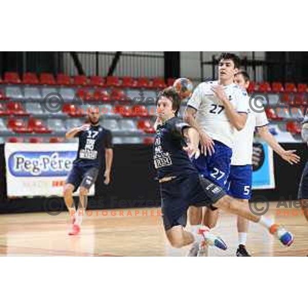 David Didovic in action during 1.NLB league handball match between MRK Ljubljana and Trimo Trebnje in Kodeljevo Hall, Ljubljana, Slovenia on November 14, 2020