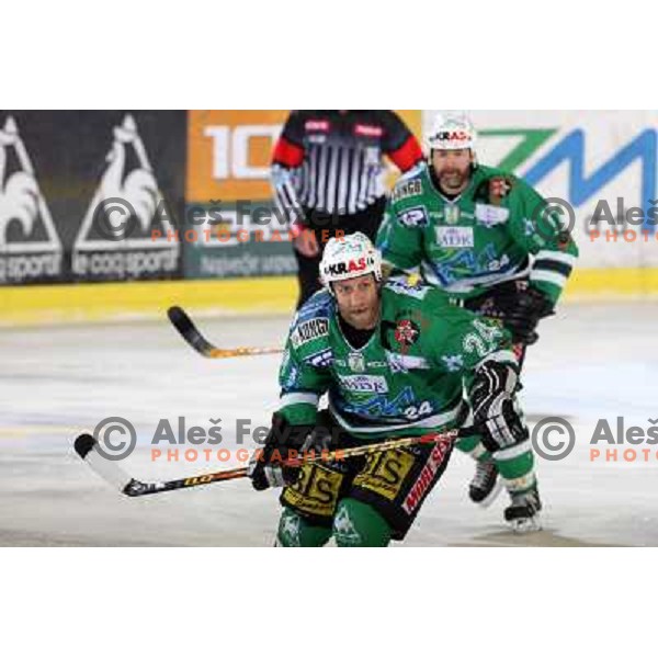 Vnuk (24) and Zupancic at sixth game of the Final of EBEL league between ZM Olimpija and Red Bulls Salzburg, played in Ljubljana 25.3.2008. Red Bulls Salzburg won the game 3:2 and series 4:2 and became Champions of EBEL league. Photo by Ales Fevzer 