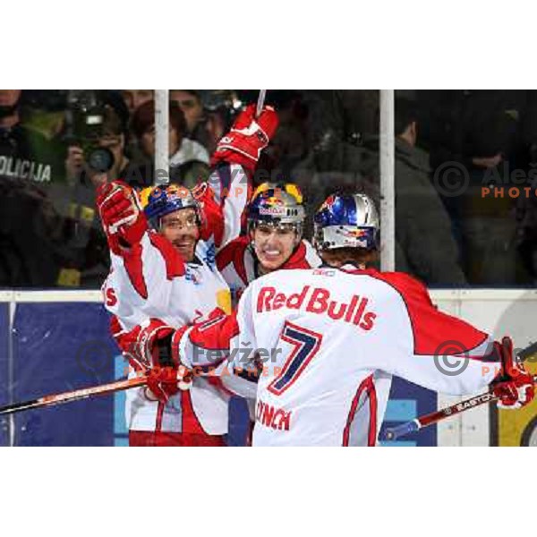 Kalt, Trattnig and Lynch celebrate first goal at sixth game of the Final of EBEL league between ZM Olimpija and Red Bulls Salzburg, played in Ljubljana 25.3.2008. Red Bulls Salzburg won the game 3:2 and series 4:2 and became Champions of EBEL league. Phot
