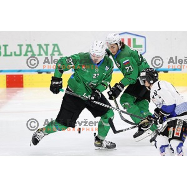 Mark Cepon and Nejc Brus of SZ Olimpija in action during Alps League ice-hockey match between SZ Olimpija and Weihenstephan in Ljubljana, Slovenia on November 14, 2020