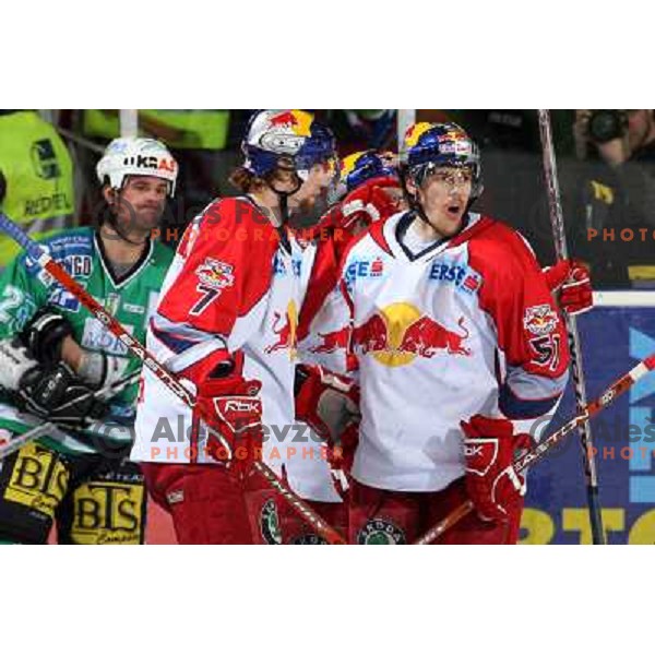 Lynch (7) and Trattnig (51) celebrate fisrt goal for RBS at sixth game of the Final of EBEL league between ZM Olimpija and Red Bulls Salzburg, played in Ljubljana 25.3.2008. Red Bulls Salzburg won the game 3:2 and series 4:2 and became Champions of EBEL l