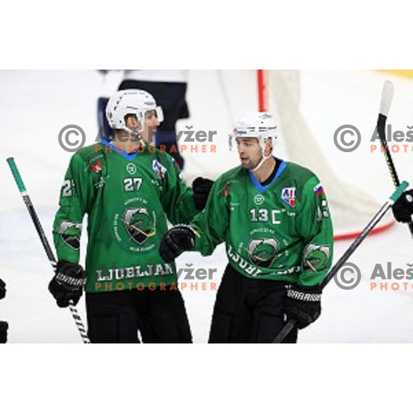 Mark Cepon and Ziga Pance of SZ Olimpija in action during Alps League ice-hockey match between SZ Olimpija and Weihenstephan in Ljubljana, Slovenia on November 14, 2020