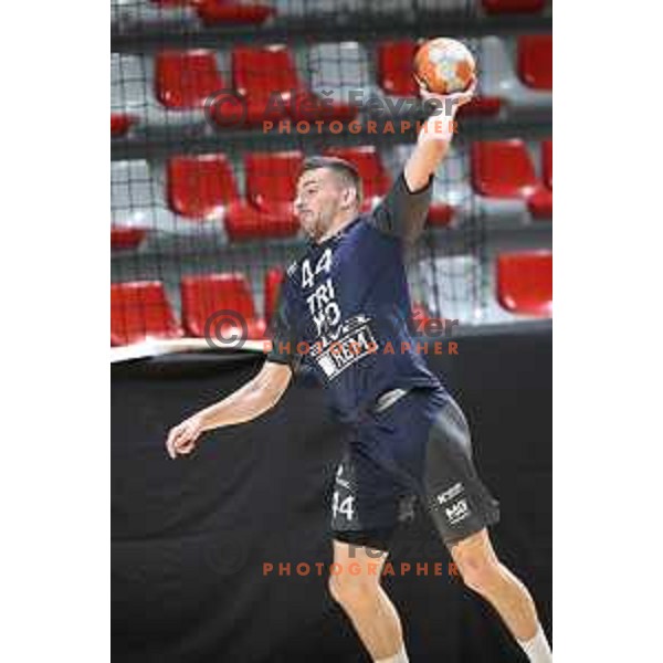 Gal Cirar in action during 1.NLB league handball match between MRK Ljubljana and Trimo Trebnje in Kodeljevo Hall, Ljubljana, Slovenia on November 14, 2020