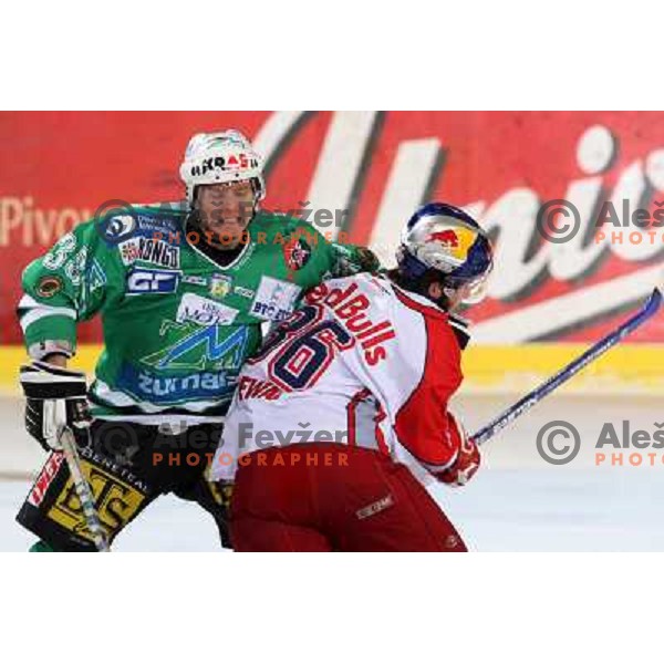 Petrilainen (38) tries to stop Pewal (36) at sixth game of the Final of EBEL league between ZM Olimpija and Red Bulls Salzburg, played in Ljubljana 25.3.2008. Red Bulls Salzburg won the game 3:2 and series 4:2 and became Champions of EBEL league. Photo by