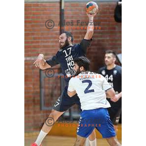 Ozgur Sarak in action during 1.NLB league handball match between MRK Ljubljana and Trimo Trebnje in Kodeljevo Hall, Ljubljana, Slovenia on November 14, 2020
