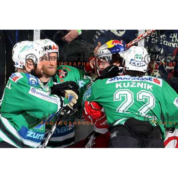 Mitchell, Vnuk and Kuznik at sixth game of the Final of EBEL league between ZM Olimpija and Red Bulls Salzburg, played in Ljubljana 25.3.2008. Red Bulls Salzburg won the game 3:2 and series 4:2 and became Champions of EBEL league. Photo by Ales Fevzer 