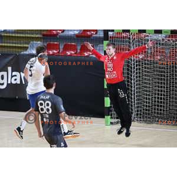 Urh Brana in action during 1.NLB league handball match between MRK Ljubljana and Trimo Trebnje in Kodeljevo Hall, Ljubljana, Slovenia on November 14, 2020