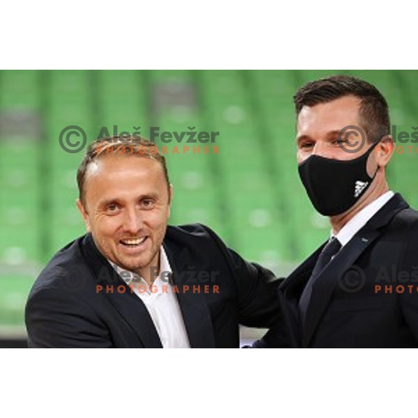 Marko Marinovic and Sani Becirovic before ABA league regular season basketball match between Cedevita Olimpija and Borac in Ljubljana on November 15, 2020