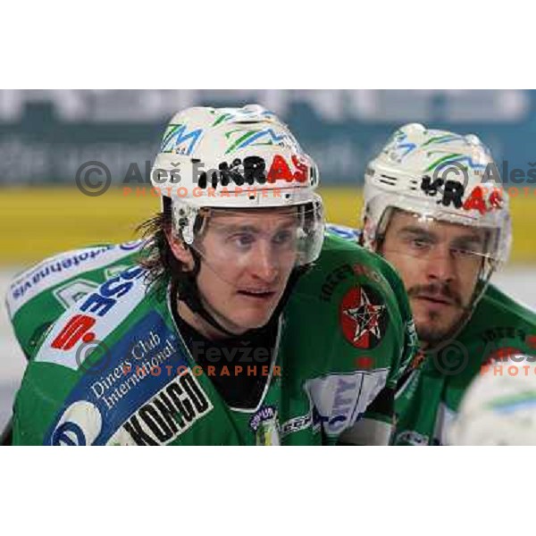 Avgustincic and McCarthy at sixth game of the Final of EBEL league between ZM Olimpija and Red Bulls Salzburg, played in Ljubljana 25.3.2008. Red Bulls Salzburg won the game 3:2 and series 4:2 and became Champions of EBEL league. Photo by Ales Fevzer 