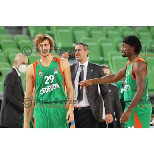 Ivan Marinkovic and Jarrod Jones in action during ABA league regular season basketball match between Cedevita Olimpija and Borac in Ljubljana on November 15, 2020