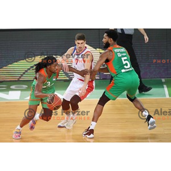 Kendrick Perry and Mikael Hopkins in action during ABA league regular season basketball match between Cedevita Olimpija and Borac in Ljubljana on November 15, 2020