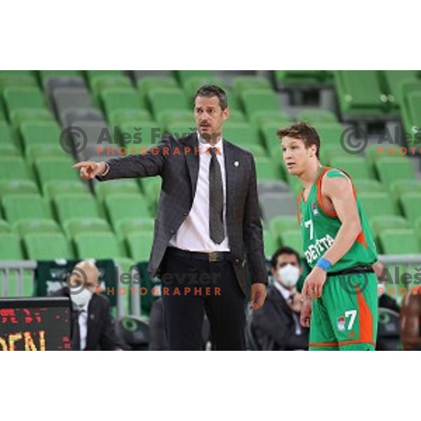 Jurica Golemac and Dan Duscak in action during ABA league regular season basketball match between Cedevita Olimpija and Borac in Ljubljana on November 15, 2020