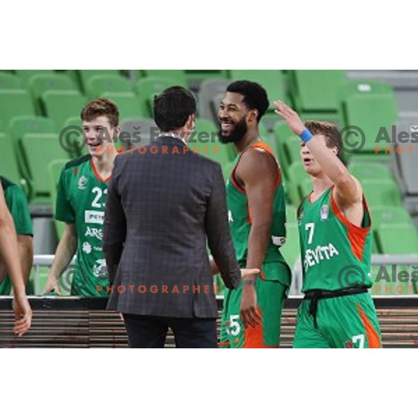 Mikazel Hopkins and Dan Duscak during ABA league regular season basketball match between Cedevita Olimpija and Borac in Ljubljana on November 15, 2020