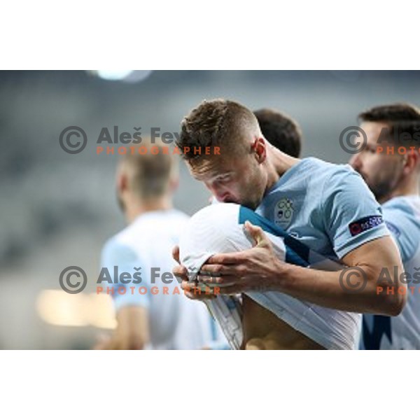 Jasmin Kurtic celebrates goal during UEFA Nations League 2021 football match between Slovenia and Kosovo in SRC Stozice, Ljubljana on November 15, 2020