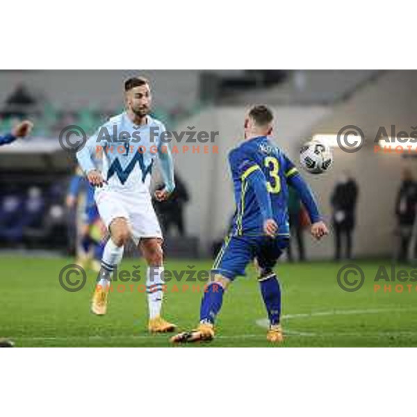 Andraz Sporar of Slovenia hits Aliti of Kosovo in arm which results with penalty kick for Slovenia during UEFA Nations League 2021 football match between Slovenia and Kosovo in SRC Stozice, Ljubljana on November 15, 2020