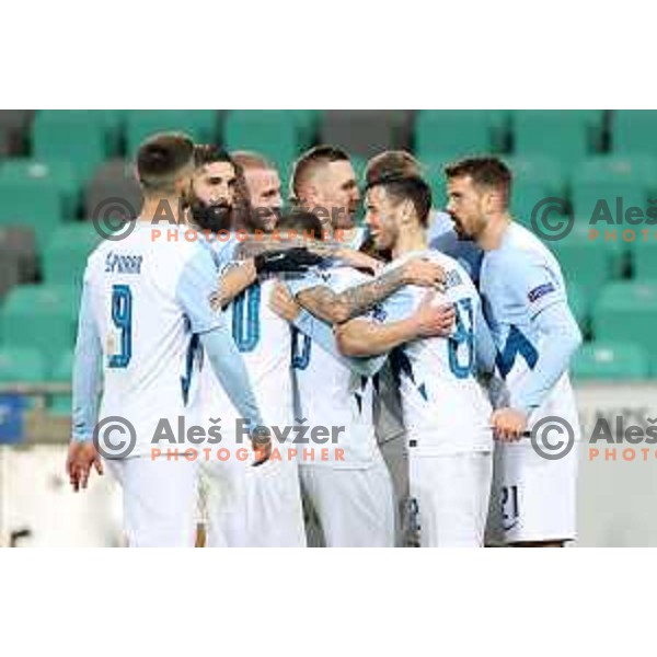 Miha Mevlja, Miha Blazic, Jasmin Kurtic, Amadej Vetrih and Domen Crnigoj of Slovenia celebrate goal during UEFA Nations League 2021 football match between Slovenia and Kosovo in SRC Stozice, Ljubljana on November 15, 2020