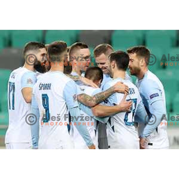 Miha Mevlja, Jasmin Kurtic, Josip Ilicic of Slovenia celebrate goal during UEFA Nations League 2021 football match between Slovenia and Kosovo in SRC Stozice, Ljubljana on November 15, 2020