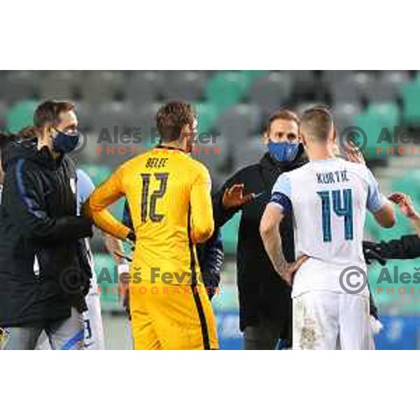 Jan Oblak and Jasmin Kurtic of Slovenia celebrate after UEFA Nations League 2021 football match between Slovenia and Kosovo in SRC Stozice, Ljubljana on November 15, 2020