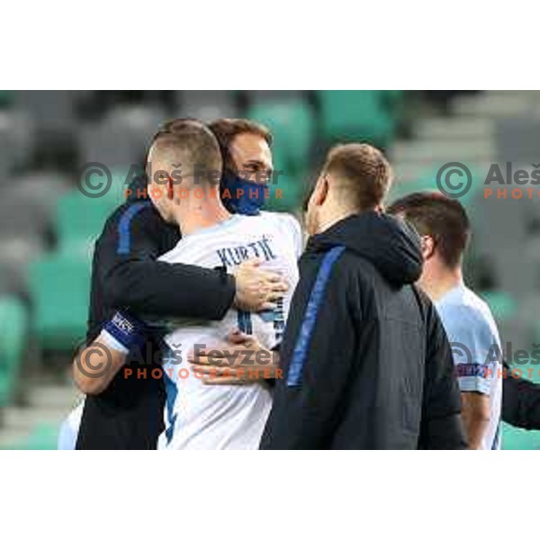 Jan Oblak and Jasmin Kurtic of Slovenia celebrate after UEFA Nations League 2021 football match between Slovenia and Kosovo in SRC Stozice, Ljubljana on November 15, 2020
