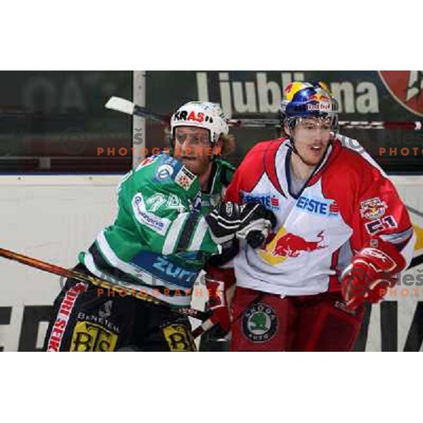 Vnuk (24) and Trattnig (51) at sixth game of the Final of EBEL league between ZM Olimpija and Red Bulls Salzburg, played in Ljubljana 25.3.2008. Red Bulls Salzburg won the game 3:2 and series 4:2 and became Champions of EBEL league. Photo by Ales Fevzer 