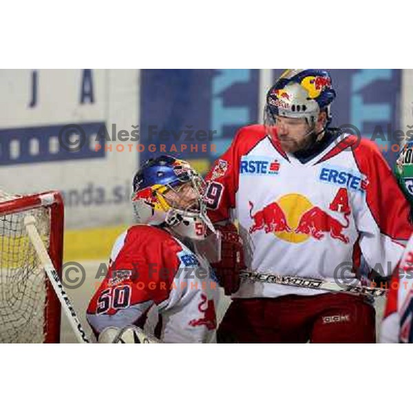 Divis (50) and Artursson at sixth game of the Final of EBEL league between ZM Olimpija and Red Bulls Salzburg, played in Ljubljana 25.3.2008. Red Bulls Salzburg won the game 3:2 and series 4:2 and became Champions of EBEL league. Photo by Ales Fevzer 