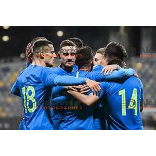 Zan Celar and other players of Slovenia celebrating during U21 friendly football match between Slovenia and Russia in Ljudski vrt, Maribor, Slovenia on November 17, 2020