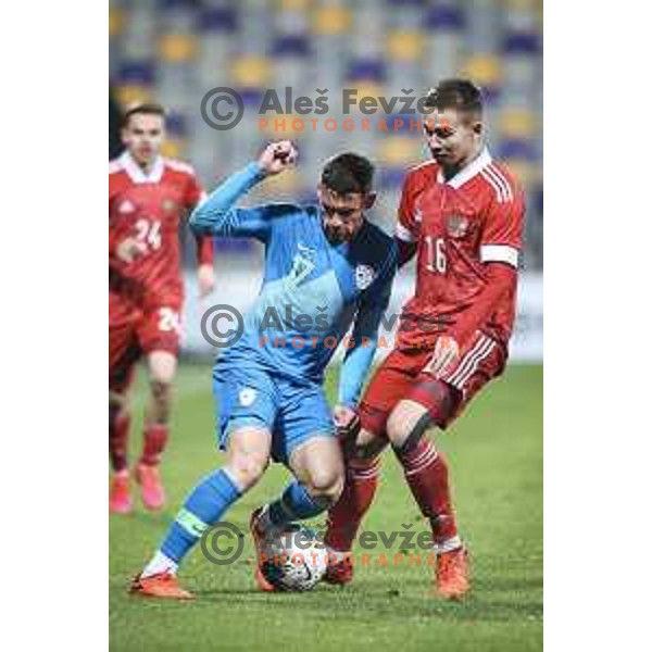 Aljosa Matko of Slovenia vs Daniil Kulikov of Russia in action during U21 friendly football match between Slovenia and Russia in Ljudski vrt, Maribor, Slovenia on November 17, 2020