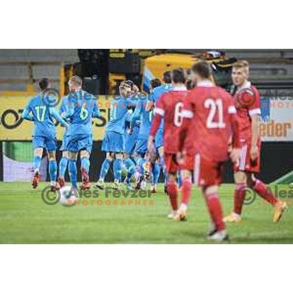 Aljaz Ploj and other players of Slovenia celebrating during U21 friendly football match between Slovenia and Russia in Ljudski vrt, Maribor, Slovenia on November 17, 2020