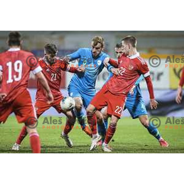 Danil Glebov of Russia vs Zan Medved of Slovenia in action during U21 friendly football match between Slovenia and Russia in Ljudski vrt, Maribor, Slovenia on November 17, 2020