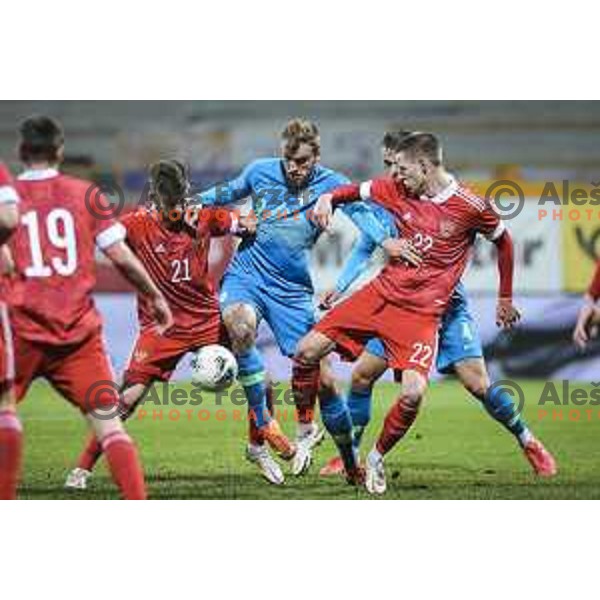 Danil Glebov and Danila Prokhin of Russia vs Zan Medved of Slovenia in action during U21 friendly football match between Slovenia and Russia in Ljudski vrt, Maribor, Slovenia on November 17, 2020