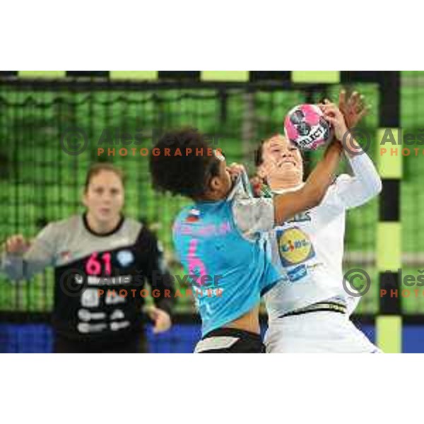 Oceane Sarcien Ugolin in action during EHF Champions League Women 2020-2021 handball match between Krim Mercator (SLO) and FTC-Rail Cargo Hungaria (HUN) in SRC Stozice, Ljubljana, Slovenia on November 21, 2020