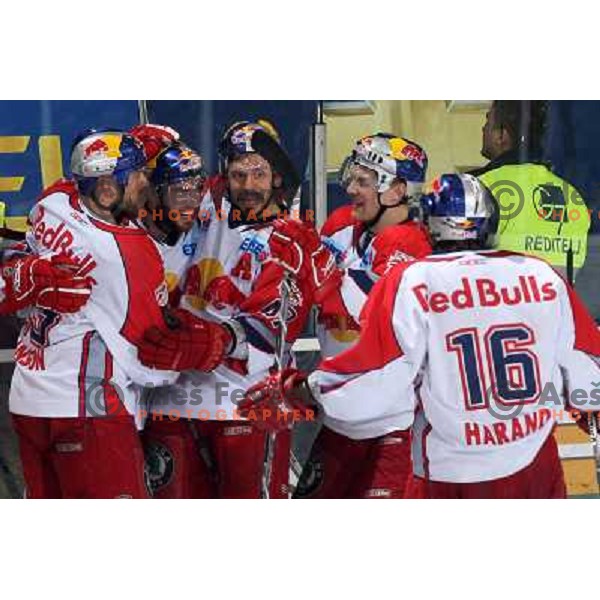 RBS players celebrate goal at sixth game of the Final of EBEL league between ZM Olimpija and Red Bulls Salzburg, played in Ljubljana 25.3.2008. Red Bulls Salzburg won the game 3:2 and series 4:2 and became Champions of EBEL league. Photo by Ales Fevzer 