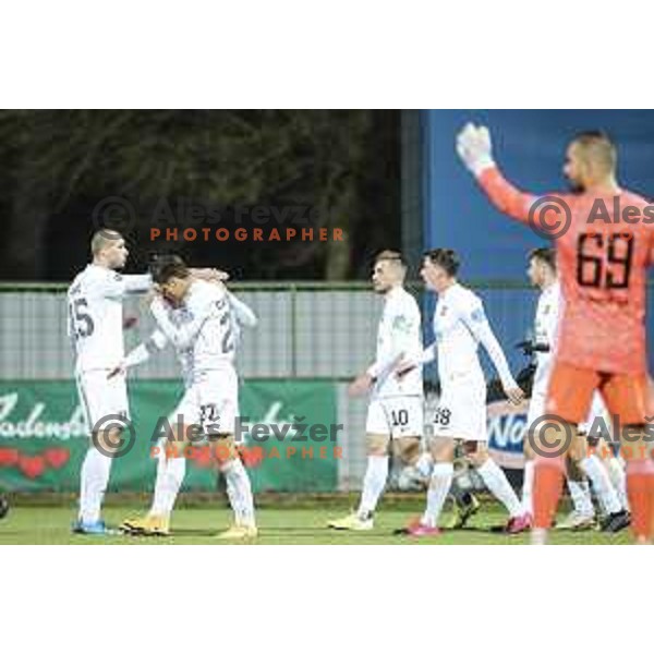 Mihail Caimacov, Timi Max Elsnik, Andres Vombergar celebrating during Prva liga Telekom Slovenije football match between Mura and Olimpija in Fazanerija, Murska Sobota, Slovenia on November 21, 2020