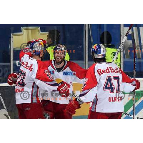 Goal at sixth game of the Final of EBEL league between ZM Olimpija and Red Bulls Salzburg, played in Ljubljana 25.3.2008. Red Bulls Salzburg won the game 3:2 and series 4:2 and became Champions of EBEL league. Photo by Ales Fevzer 