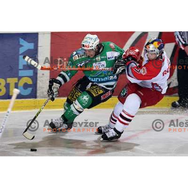Avgustincic and Lynch (7) at sixth game of the Final of EBEL league between ZM Olimpija and Red Bulls Salzburg, played in Ljubljana 25.3.2008. Red Bulls Salzburg won the game 3:2 and series 4:2 and became Champions of EBEL league. Photo by Ales Fevzer 