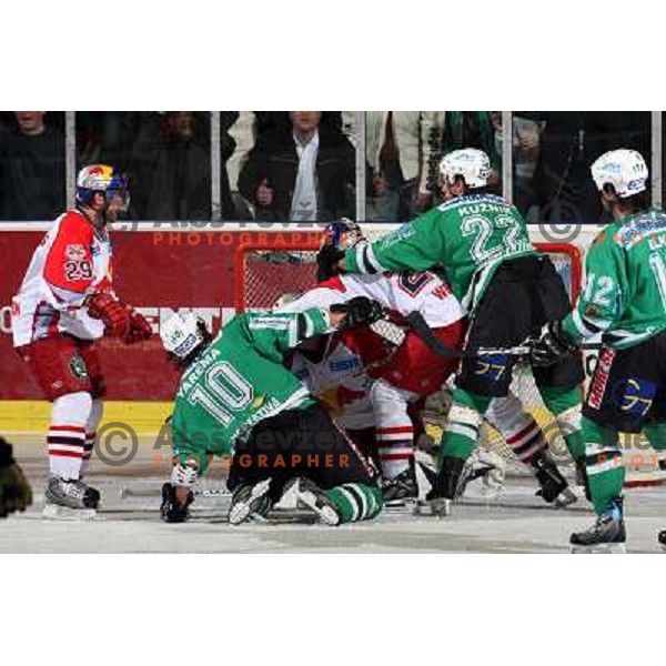 Yarema, Kuznik, Elik at sixth game of the Final of EBEL league between ZM Olimpija and Red Bulls Salzburg, played in Ljubljana 25.3.2008. Red Bulls Salzburg won the game 3:2 and series 4:2 and became Champions of EBEL league. Photo by Ales Fevzer 