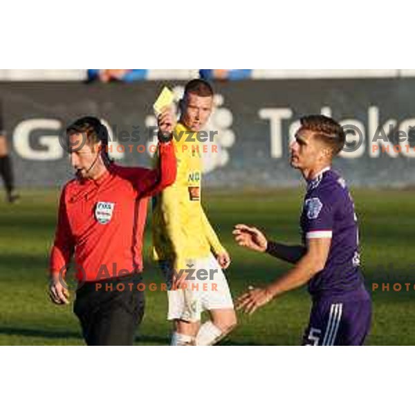 Referee Nejc Kajtazovic shows second yellow card to Blaz Vrhovec during Prva Liga Telekom Slovenije 2020-2021 football match between Bravo and Maribor in Ljubljana, Slovenia on November 21, 2020