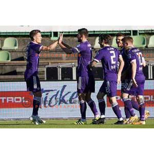 Blaz Vrhovec, Rok Kronaveter, Denis Klinar, Jan Mlakar and Rudi Pozeg Vancas of Maribor celebrate goal during Prva Liga Telekom Slovenije 2020-2021 football match between Bravo and Maribor in Ljubljana, Slovenia on November 21, 2020