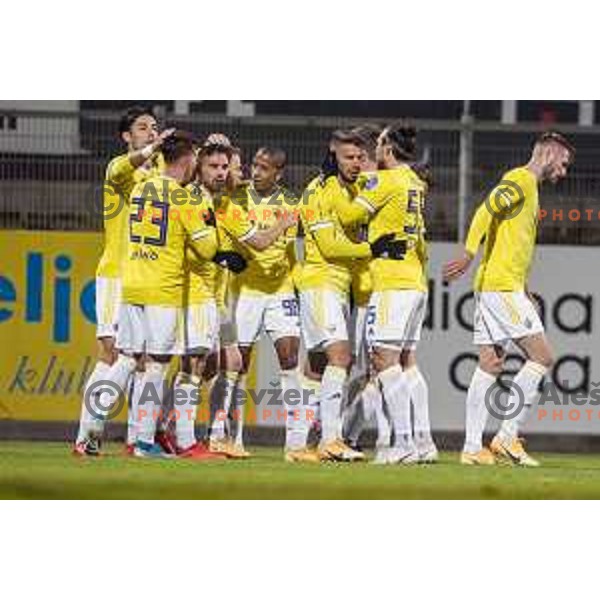 Aljosa Matko, Jan Mlakar, Felipe dos Santos celebrate goal during Prva Liga Telekom Slovenije 2020-2021 football match between Celje and Maribor in Celje, Slovenia on November 25, 2020