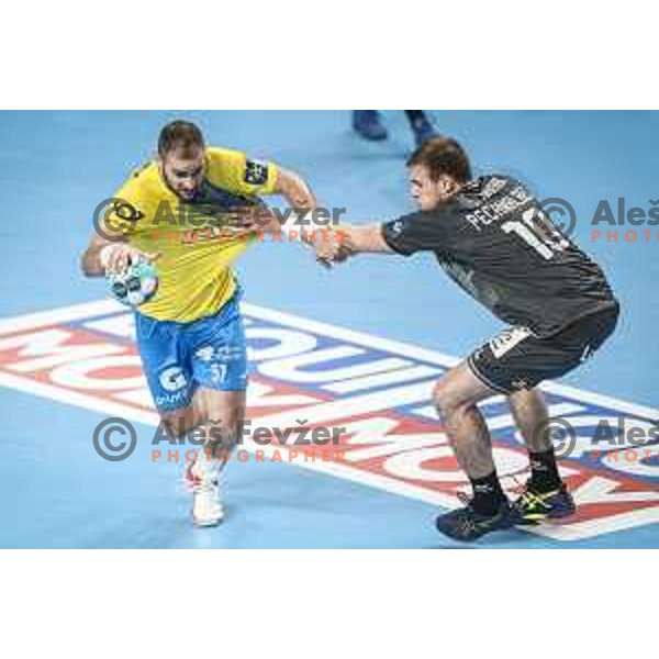 Patrik Leban vs Dragan Pechmalbec in action during EHF Champions League handball match between Celje Pivovarna Lasko and Nantes in Zlatorog Arena in Celje, Slovenia on November 25, 2020