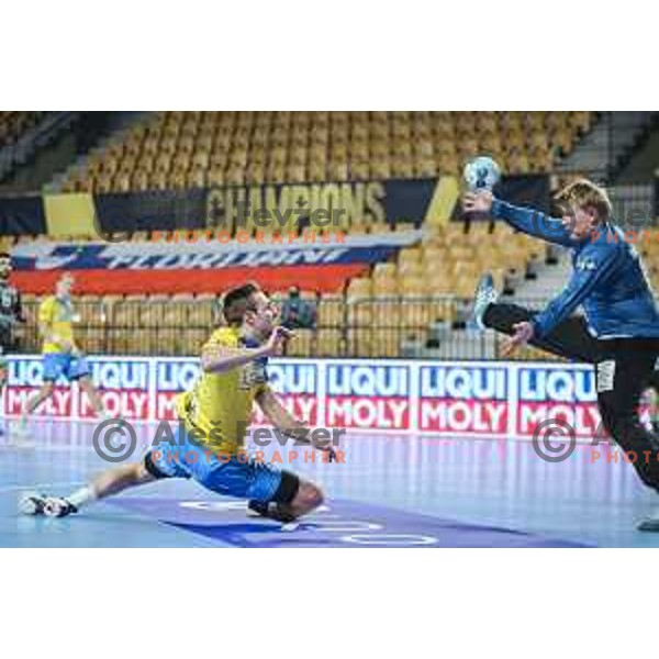 Gal Marguc vs Emil Nielsen in action during EHF Champions League handball match between Celje Pivovarna Lasko and Nantes in Zlatorog Arena in Celje, Slovenia on November 25, 2020