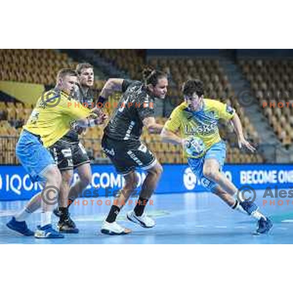 Kristjan Horzen and David Razgor in action during EHF Champions League handball match between Celje Pivovarna Lasko and Nantes in Zlatorog Arena in Celje, Slovenia on November 25, 2020