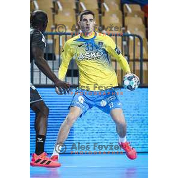 Tadej Kljun in action during EHF Champions League handball match between Celje Pivovarna Lasko and Nantes in Zlatorog Arena in Celje, Slovenia on November 25, 2020